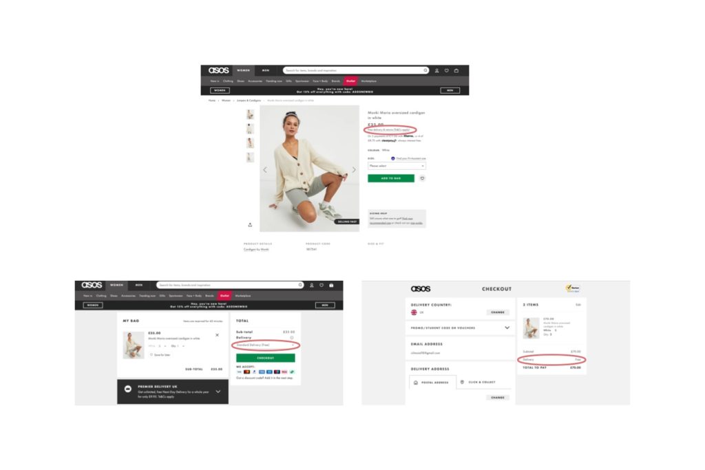 ASOS delivery charge screenshot