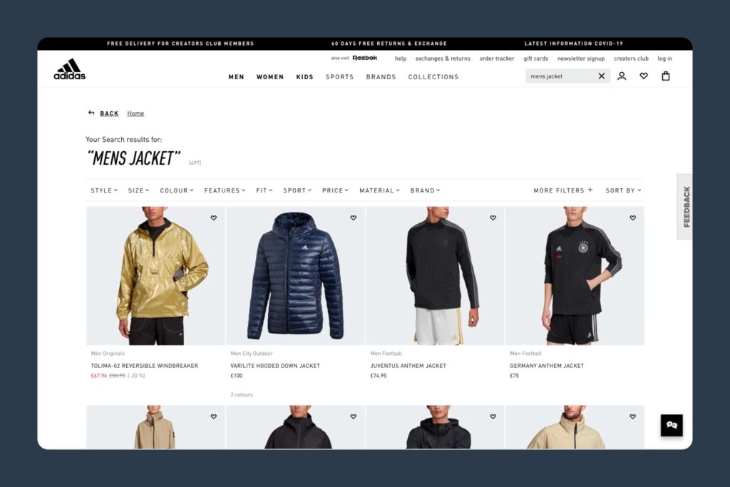 screen shot of adidas mens jacket web page