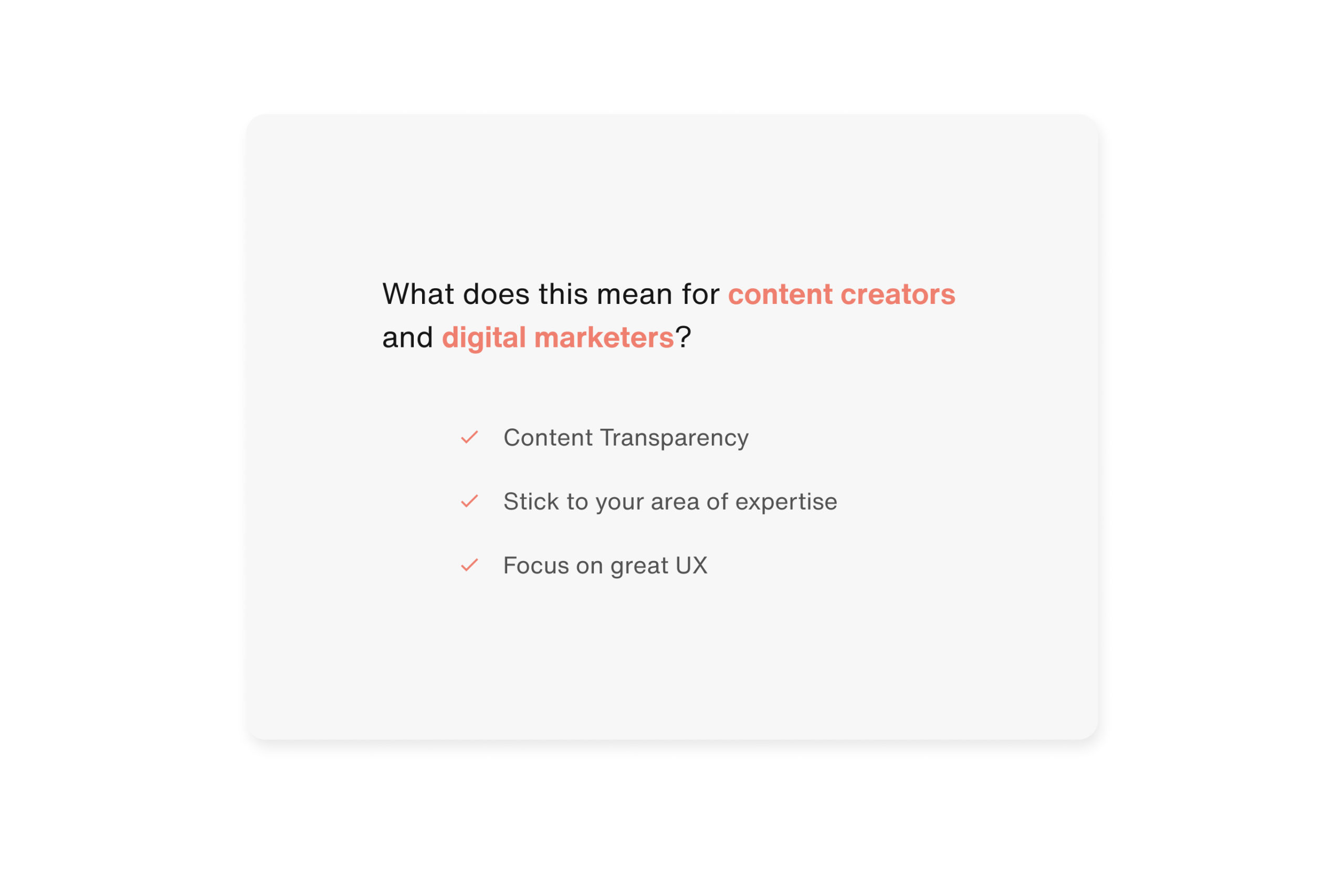 Checklist of how the helpful content update affects content creators and digital marketers.