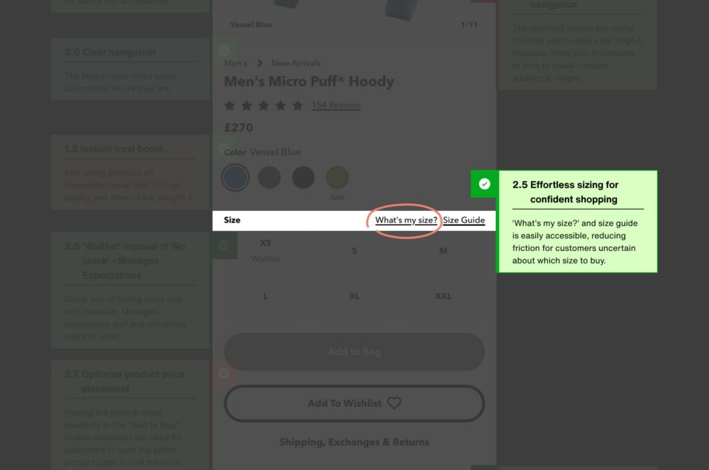 screenshot of a "what's my size" feature
