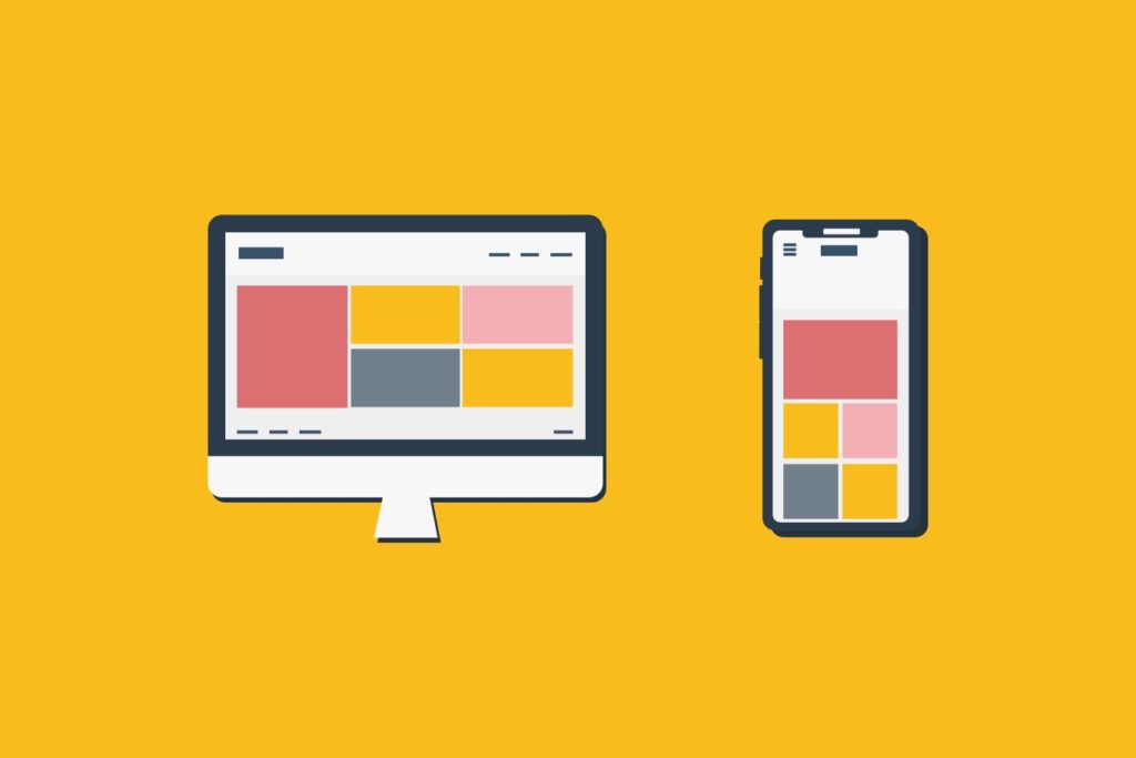 Stylised graphic of a desktop screen and a mobile.