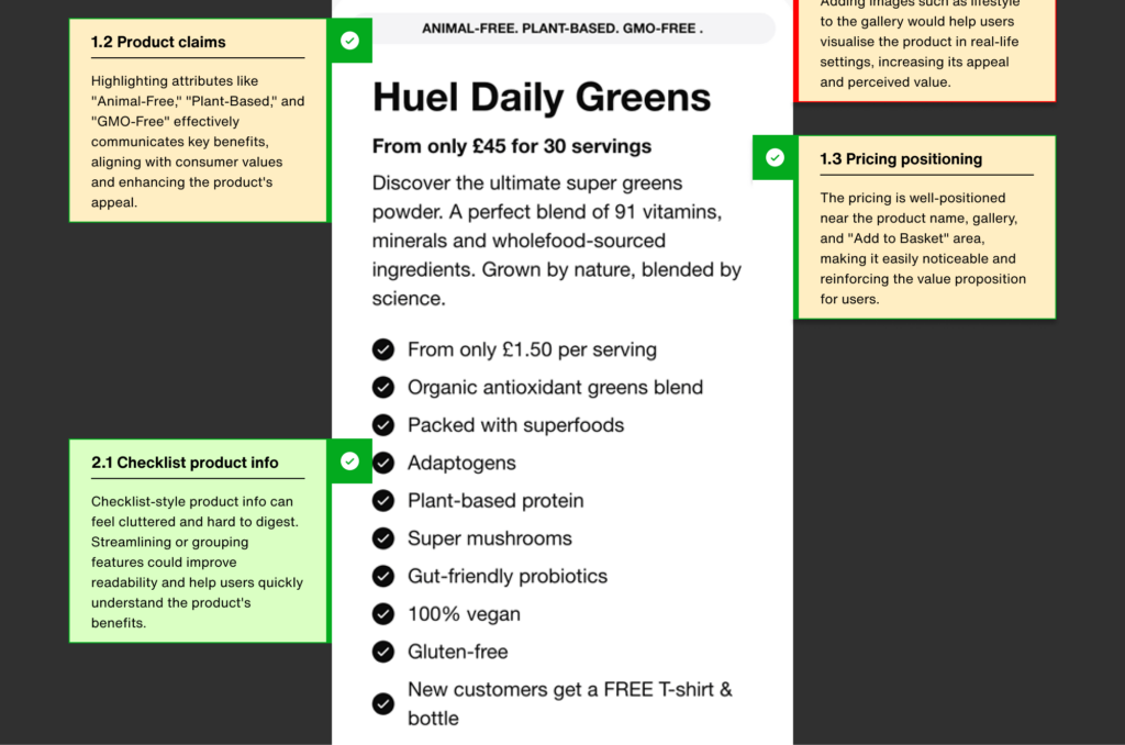 UX Audit infographic with the analysed website's product description