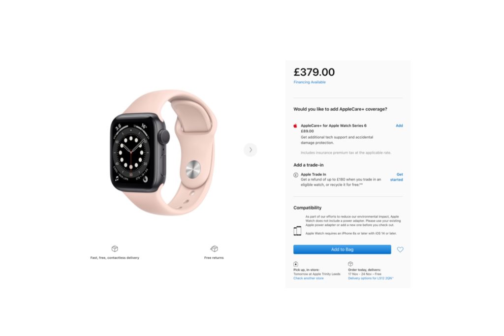 Example of call to actions on a watch ecommerce product page
