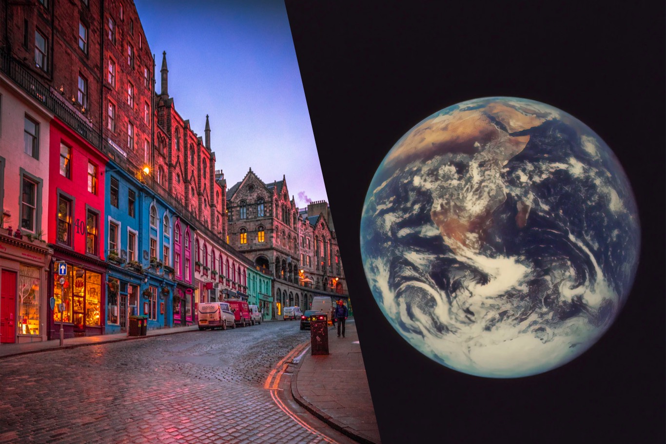 split image of high street and globe