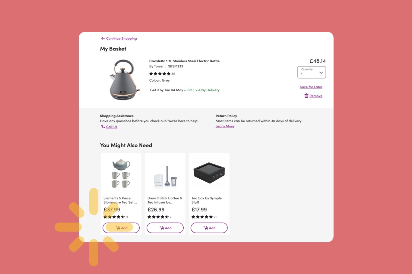 basket page with a kettle product added and three more products suggested below it