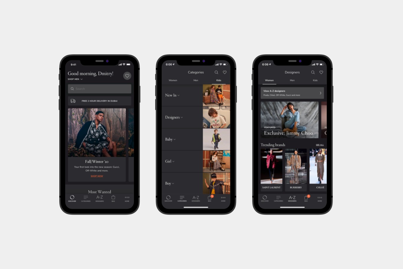 Three phones side by side showing three different web pages of the same website in dark mode