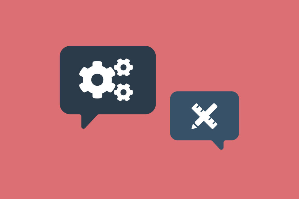 Illustration of two speech bubbles, one with cogs icon and the other with a pencil and ruler.