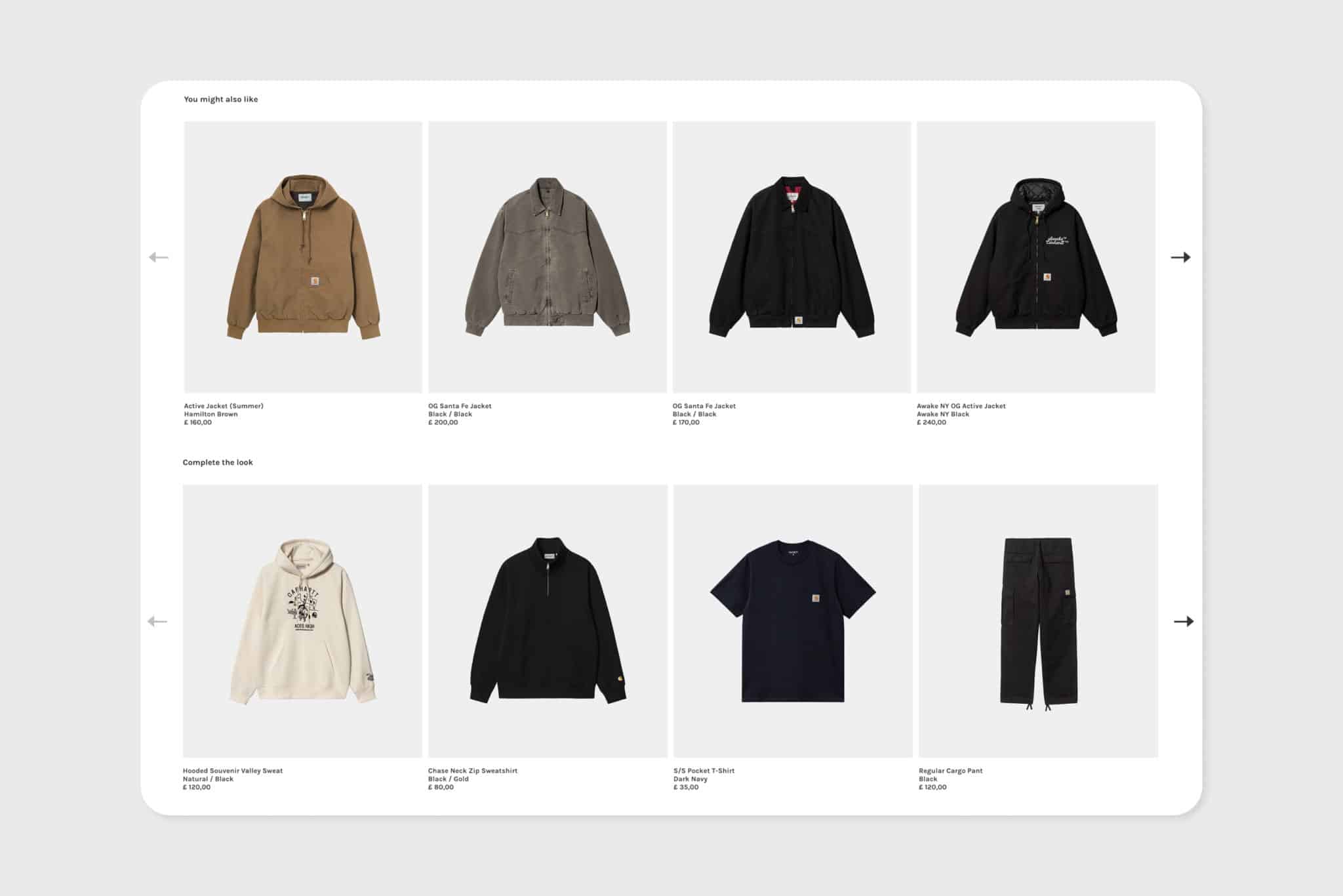 Screen shot from the Carhartt ecommerce website showing 2 rows of 4 products