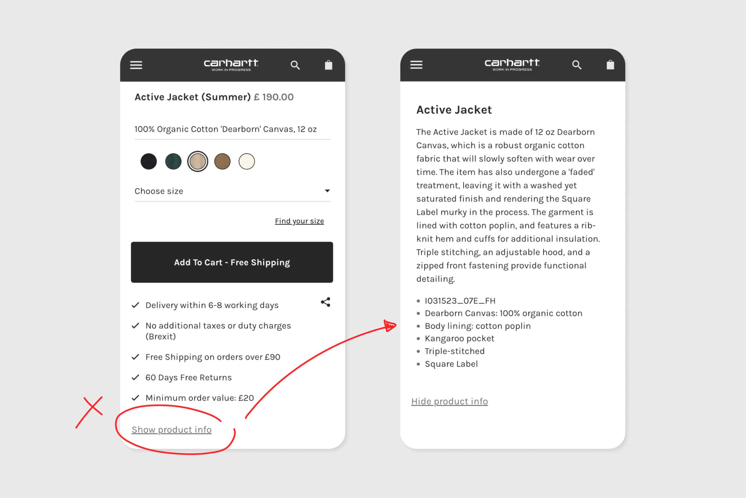 mobile view of the Carharrt product page showing hidden information
