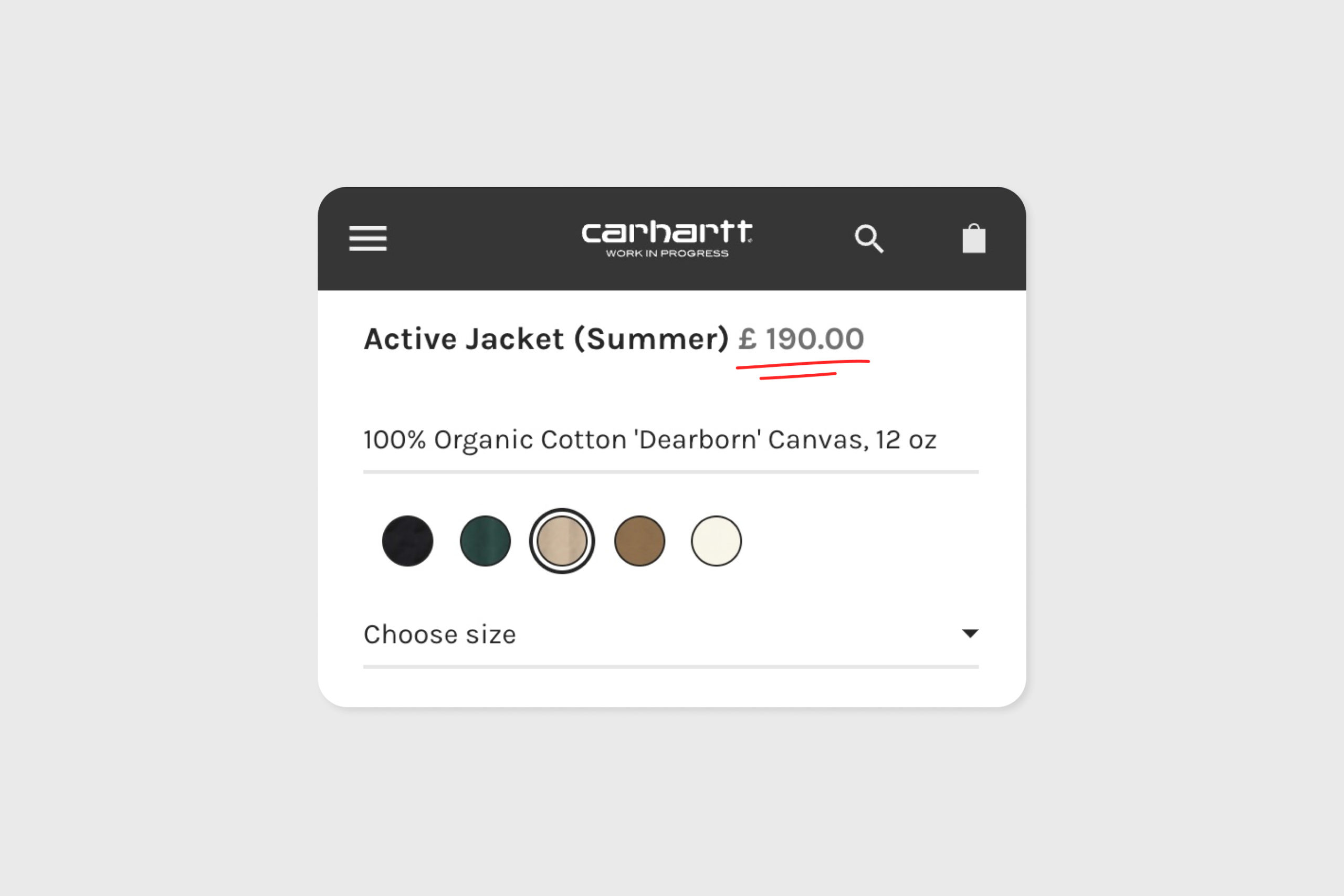 screen shot of the carharrt product description ux audit and price in light grey