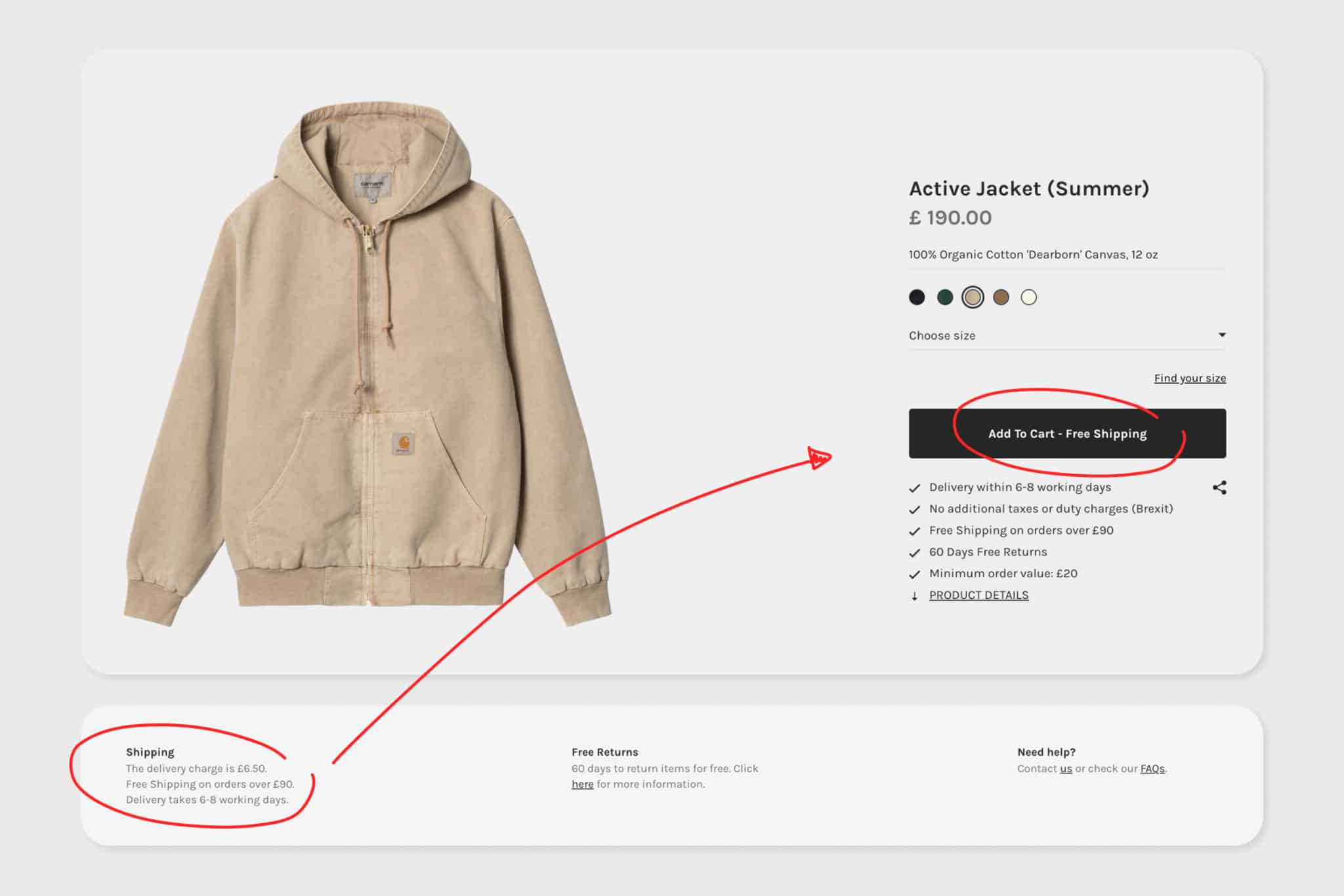 screen shot from carharrt website product page showing shipping fees
