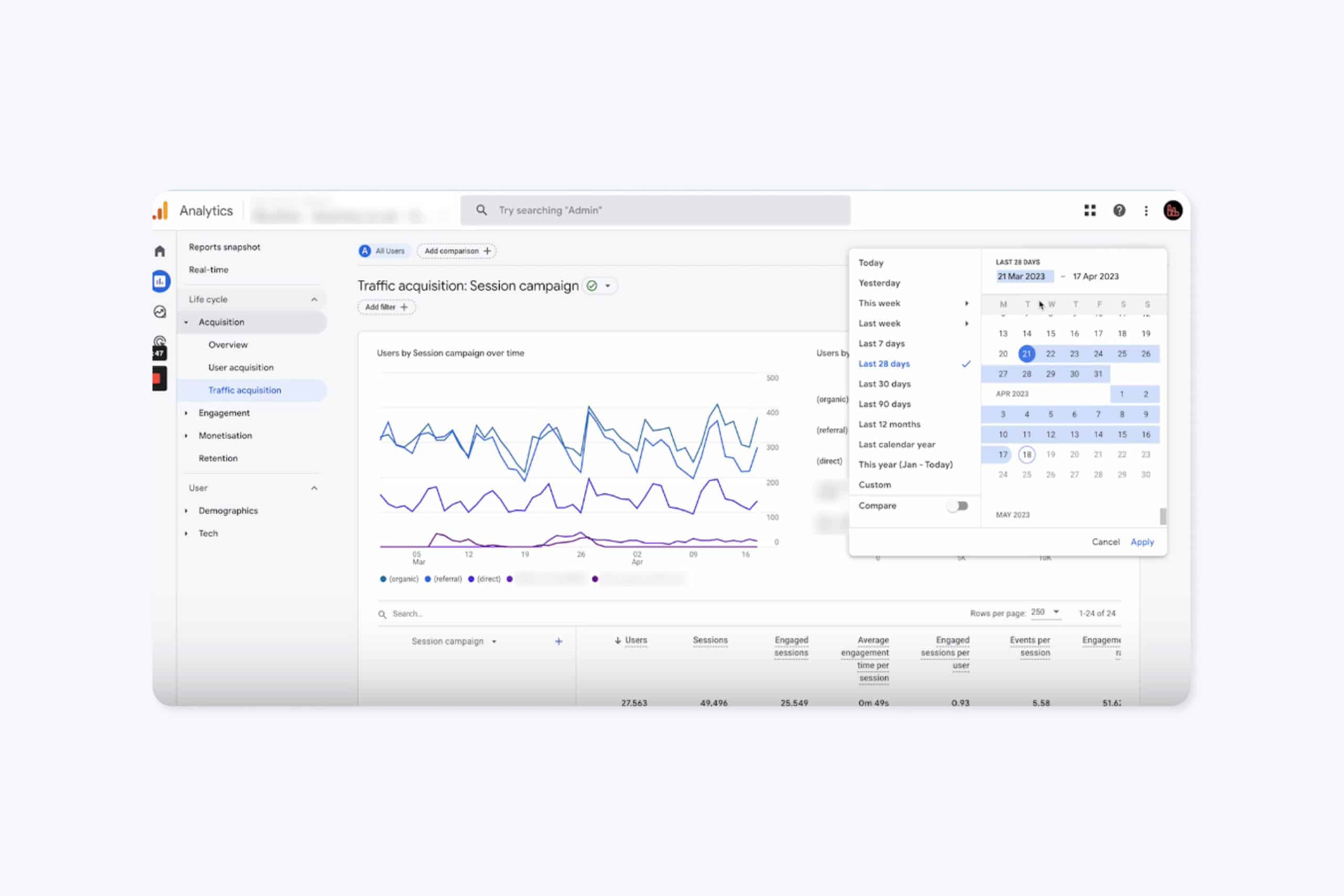date range selector in GA4 traffic acquisition
