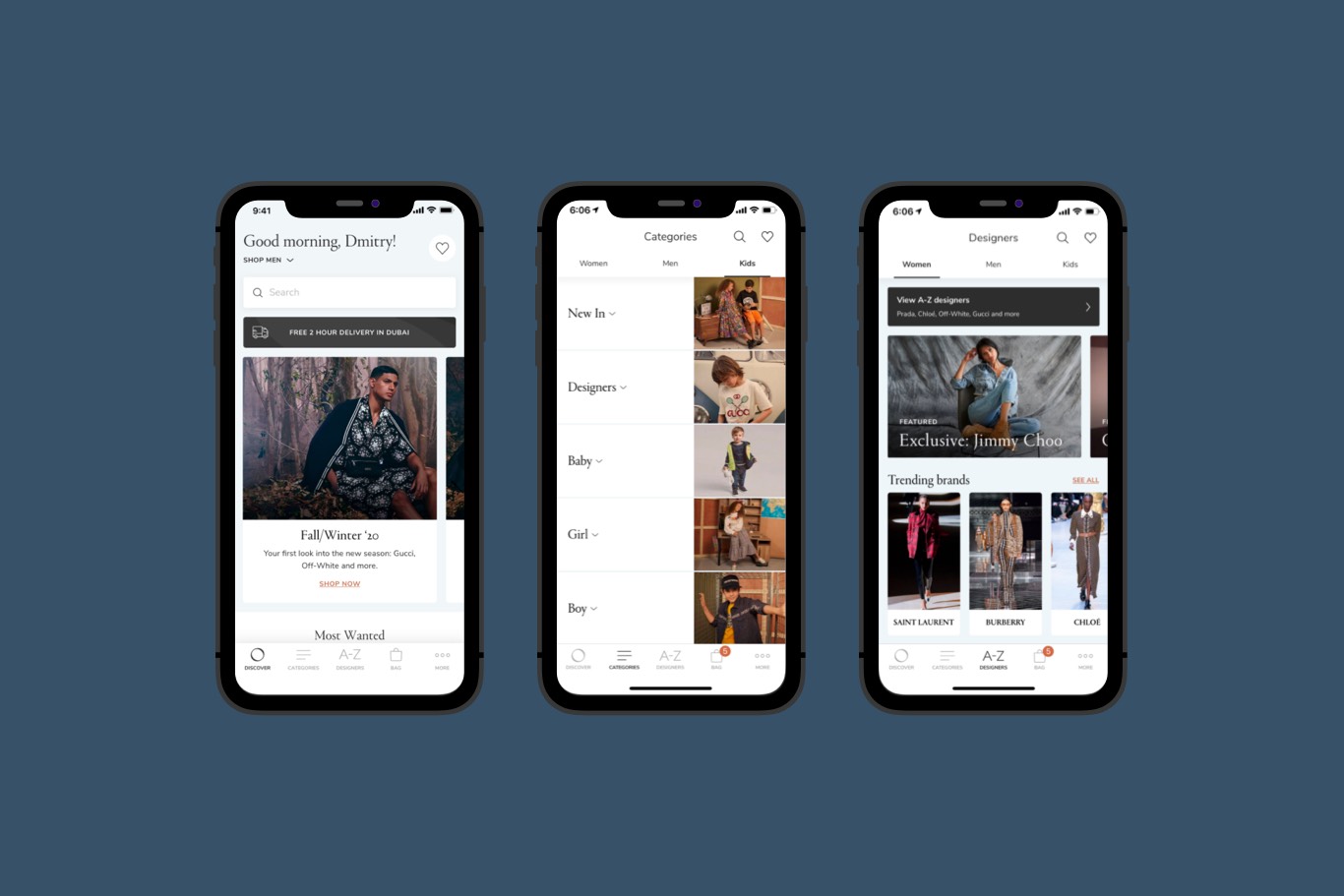 Three phones side by side showing three different web pages of the same website in light mode