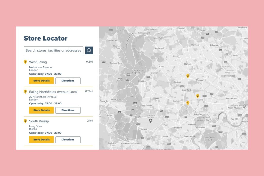 example of store locator functionality on website