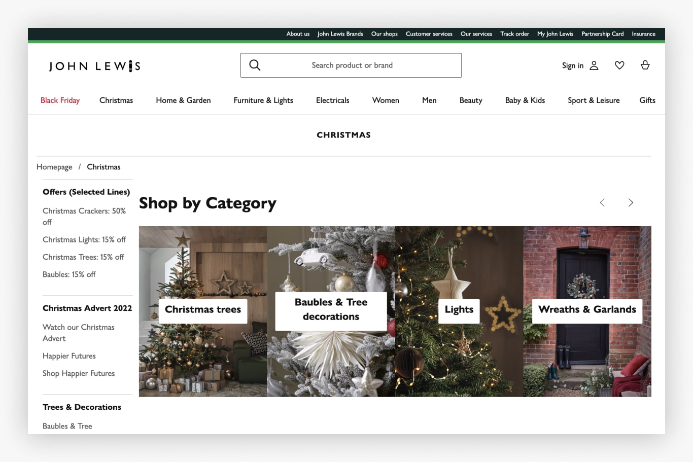 overarching category page screenshot of the john lewis website store
