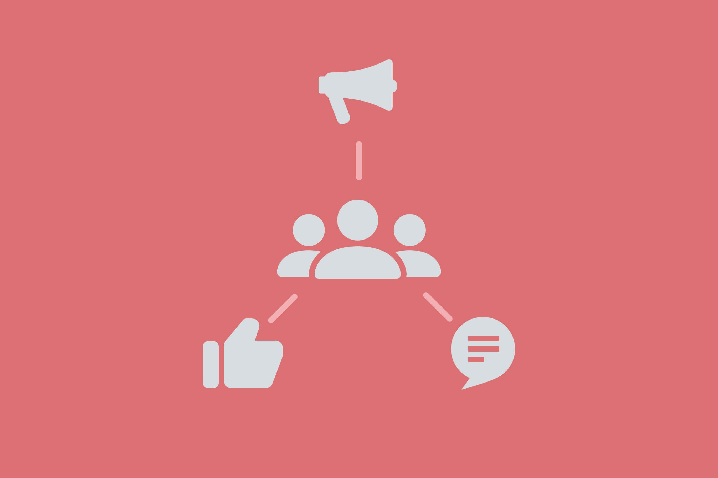 Illustration of three profile icons in the centre and 3 different icons coming off it, a foghorn, speech bubble, and a thumbs up
