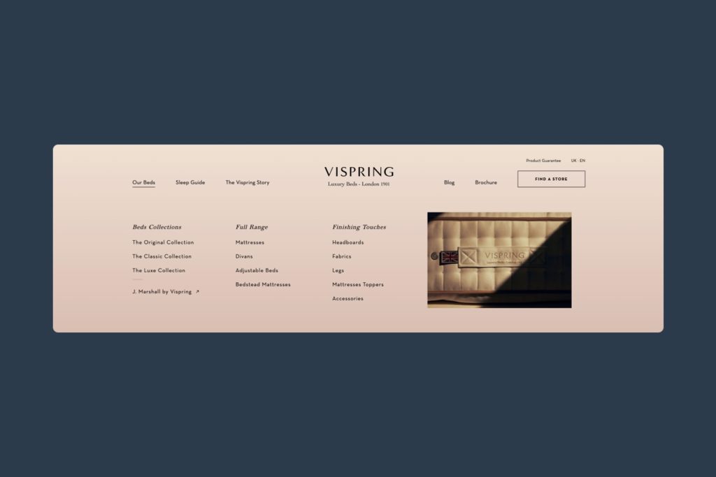 A clear navigation is key to Ecommerce Homepage UX, such as this example from Vispring