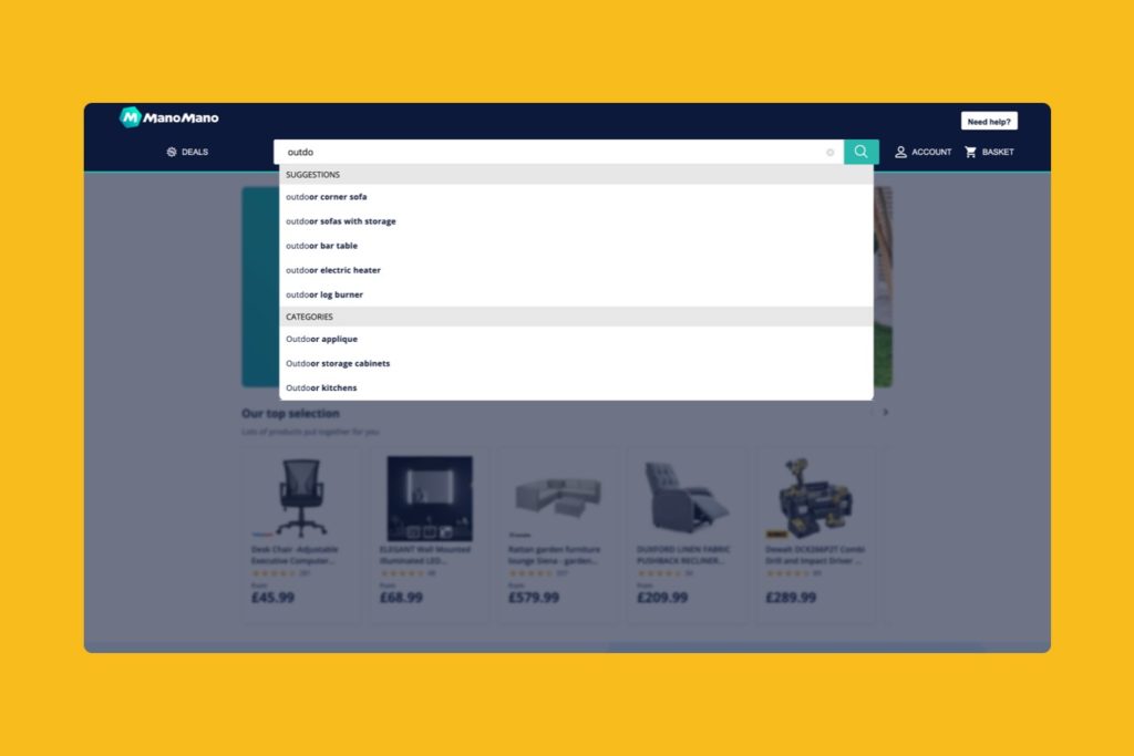 Mano Mano's search bar offers auto-complete options