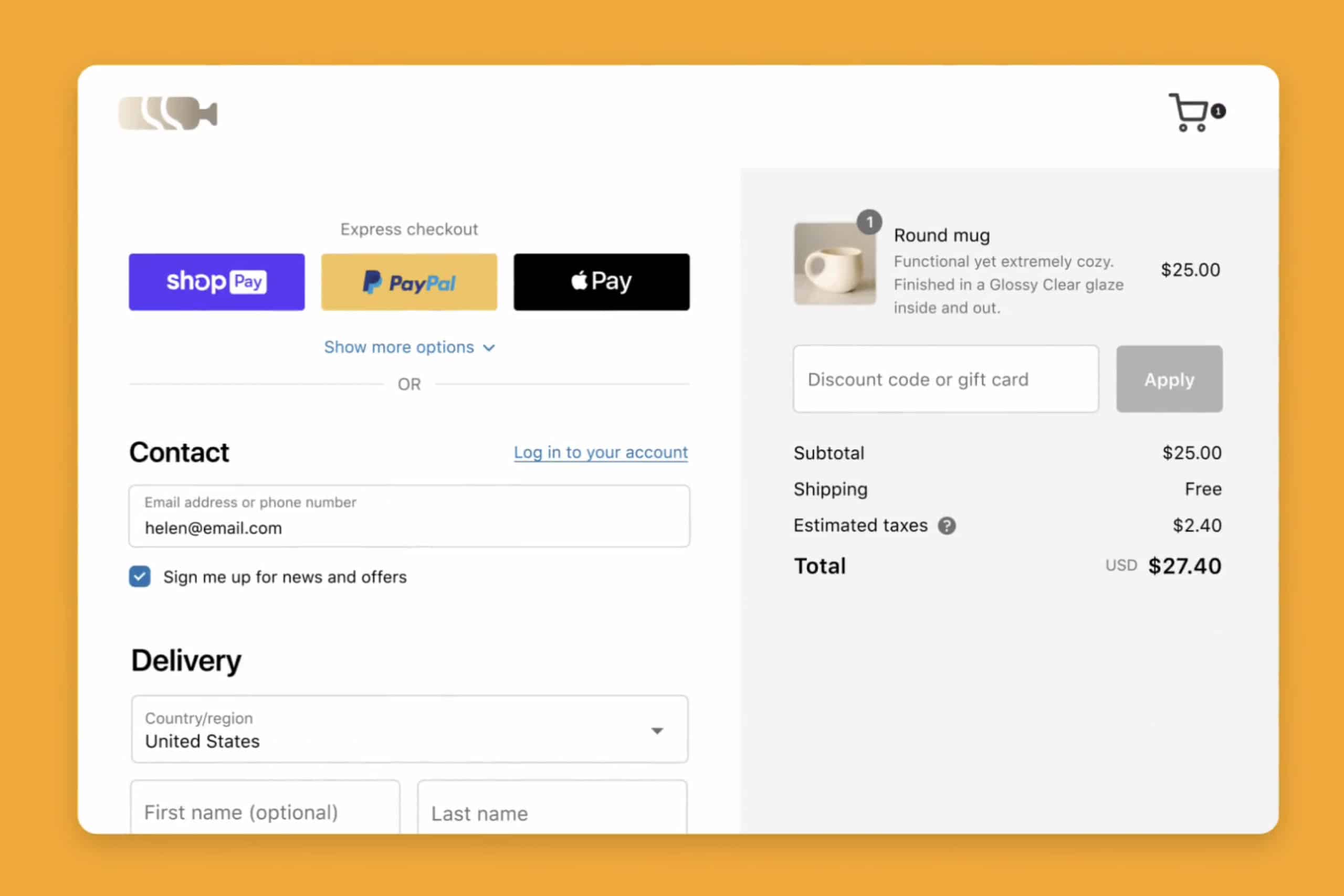 one page checkout page for Shopify website