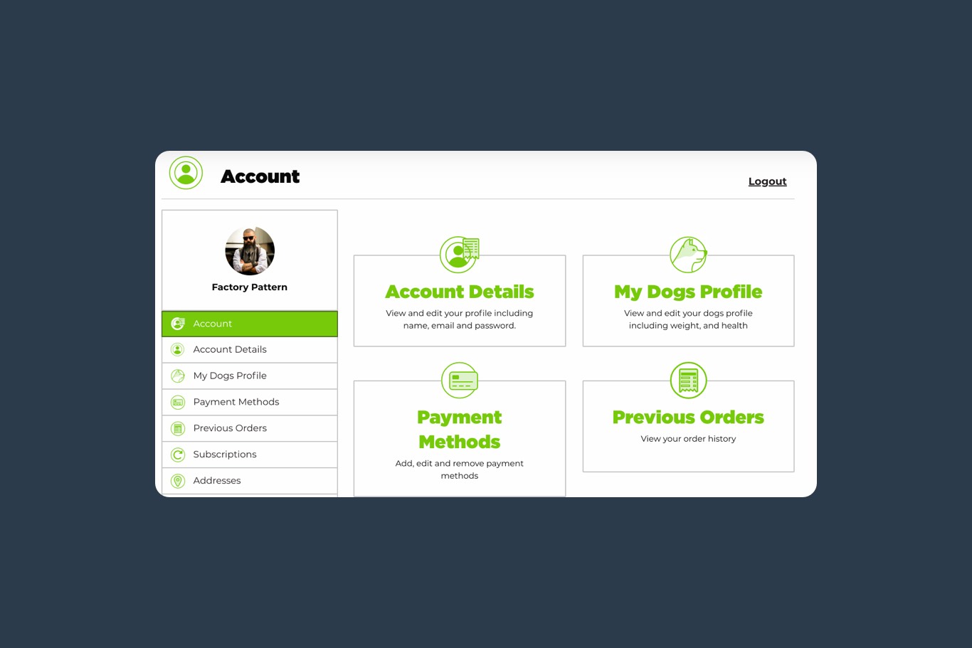 In the account area, a profile image and name is visible on the account area