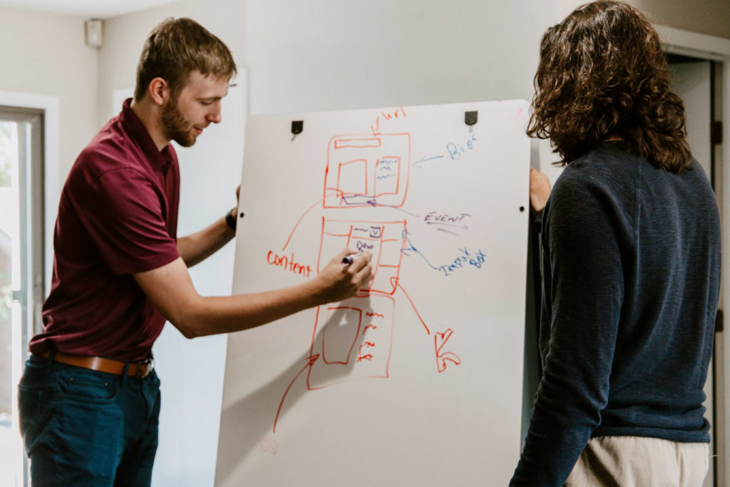 Two people writing content strategy