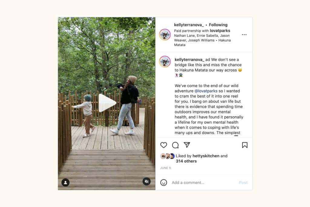 An example of a brand called Lovat Parks using brand ambassadors on Instagram