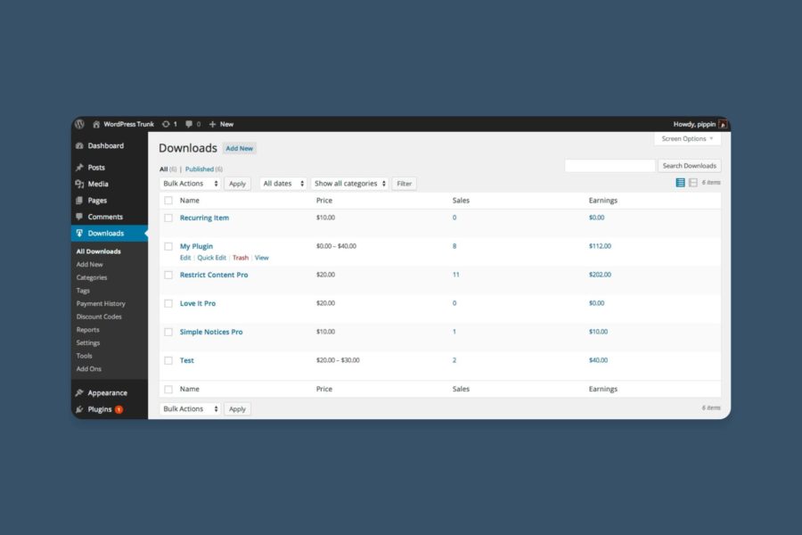 screenshot of Easy Digital Downloads WordPress plugin in the backend
