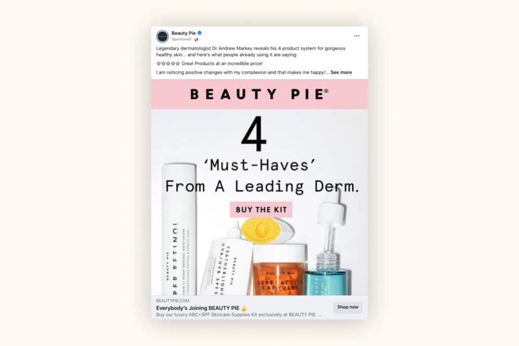 Beauty Pie sponsored Facebook ad promoting a dermatology kit