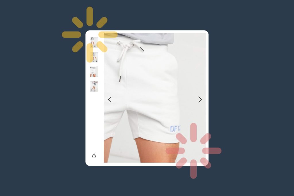 screen shot of product gallery from ecommerce site showing mens white shorts