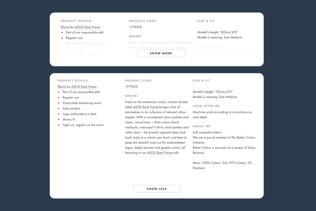 example of product detail information for ecommerce site