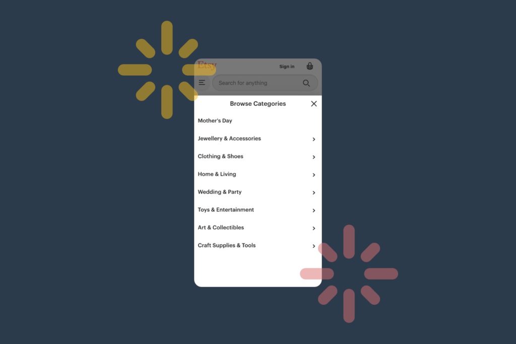 example of category search vavigation on Etsy ecommerce site