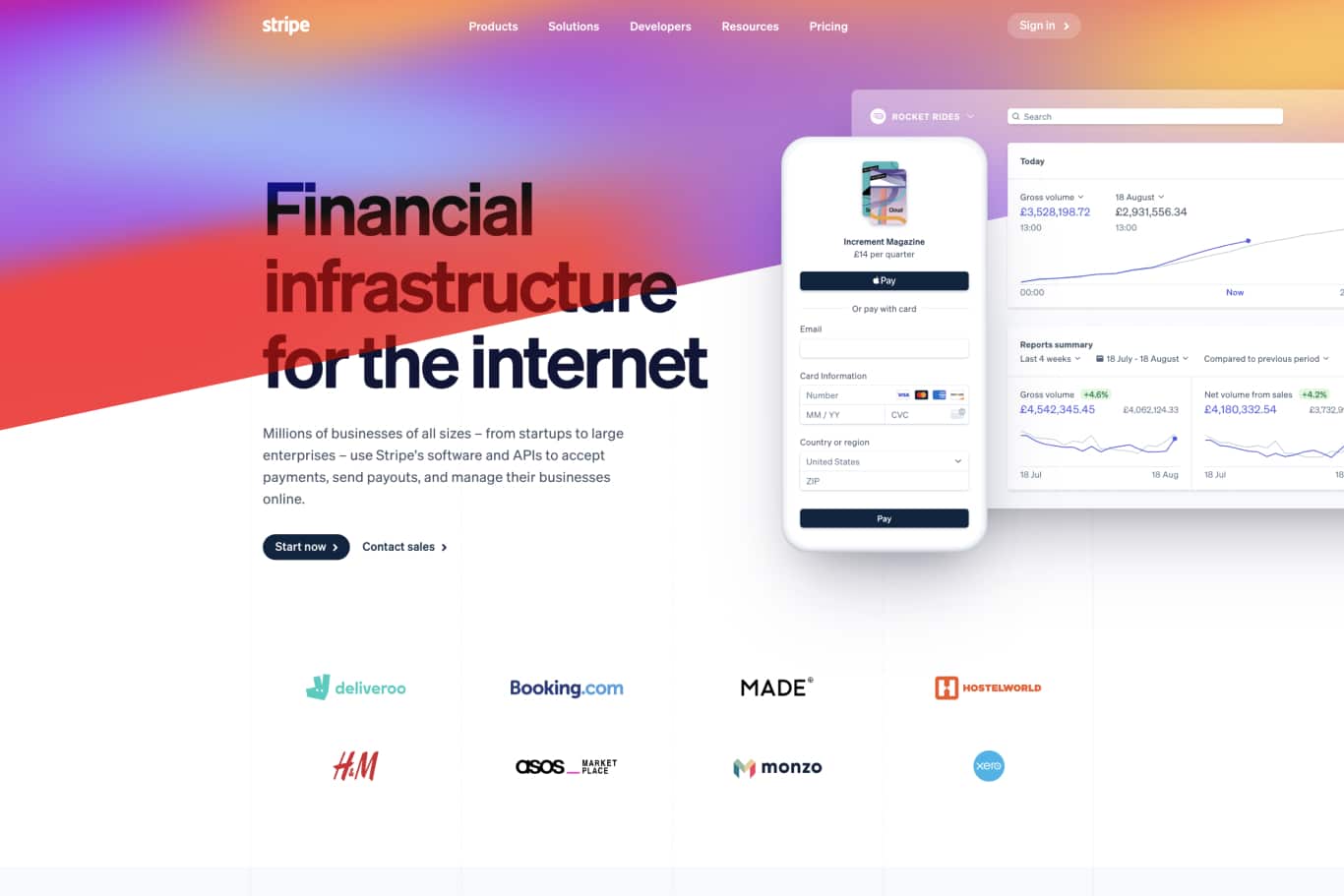 Stripe homepage. Stripe is in our top 3 best payment gateways.