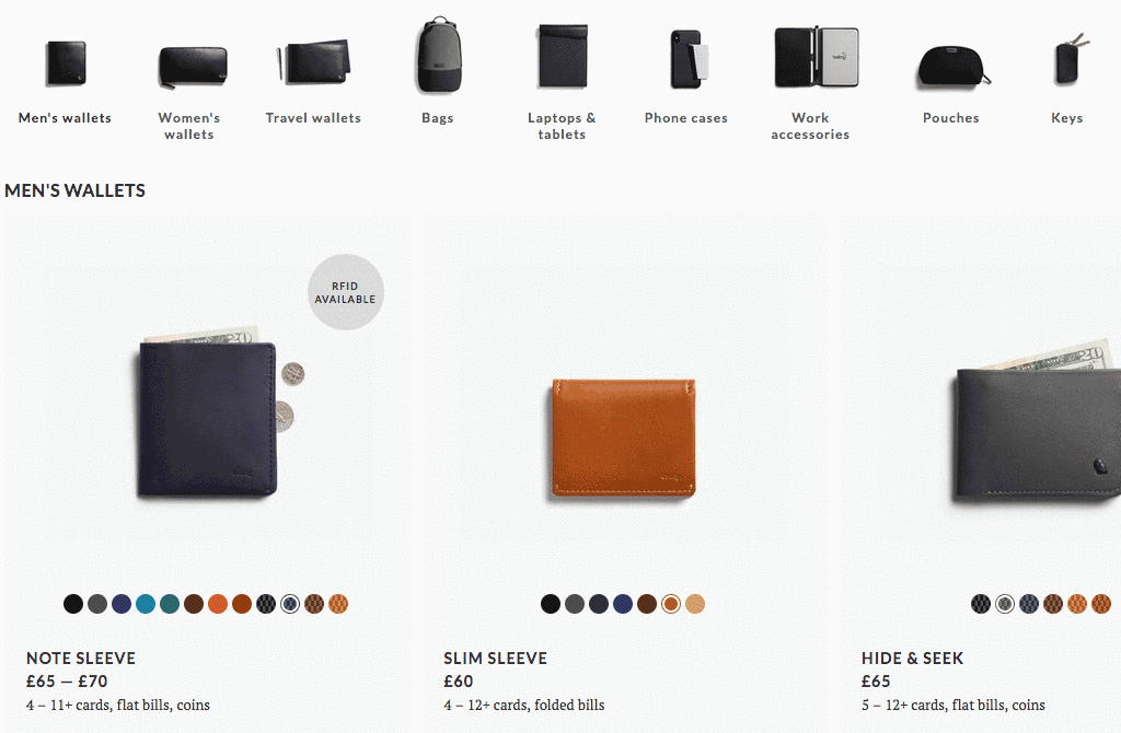 Bellroy Product Listing Page Feature