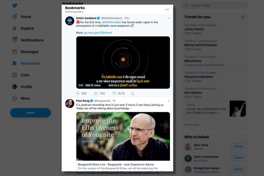 Twitter Design features: Bookmark Twitters bookmark feature