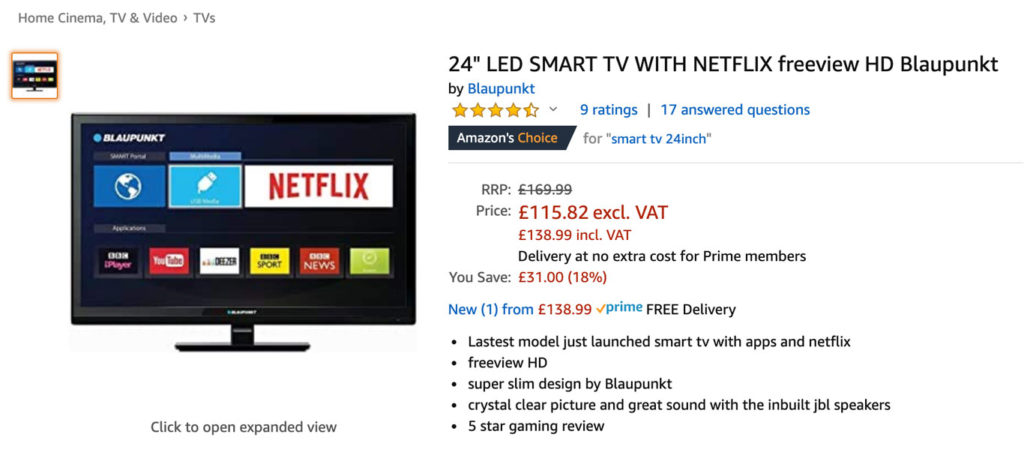 Smart TV on the Amazon ecommerce website