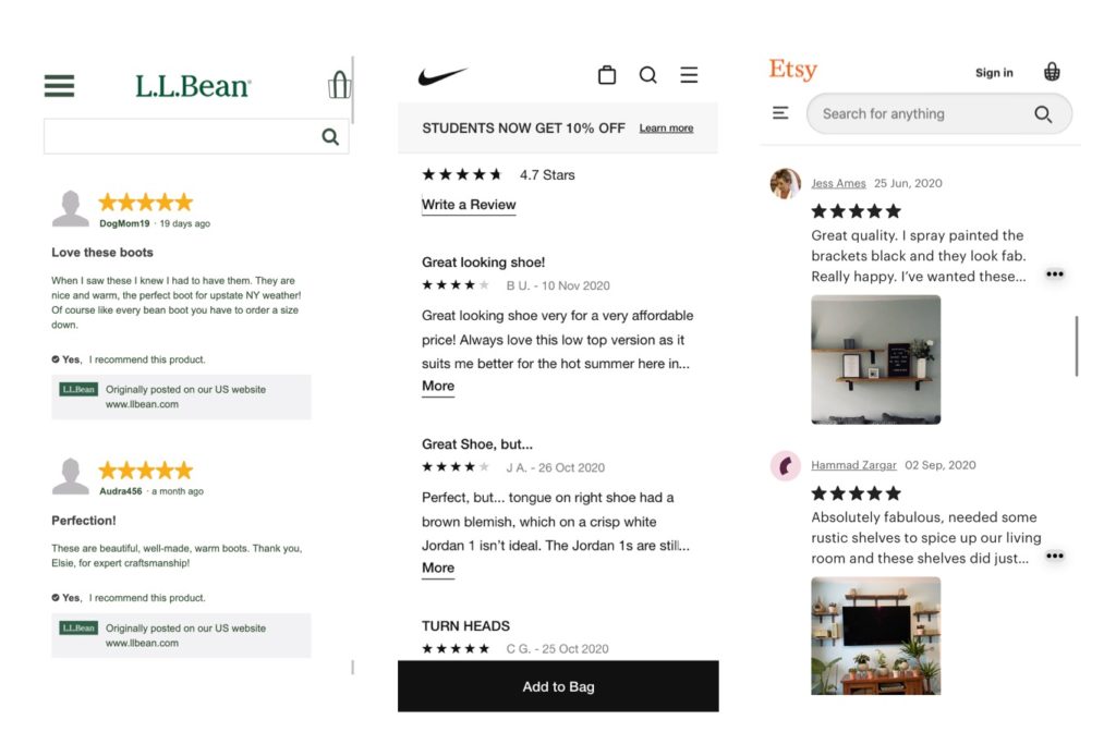 Reviews on mobile ecommerce sites