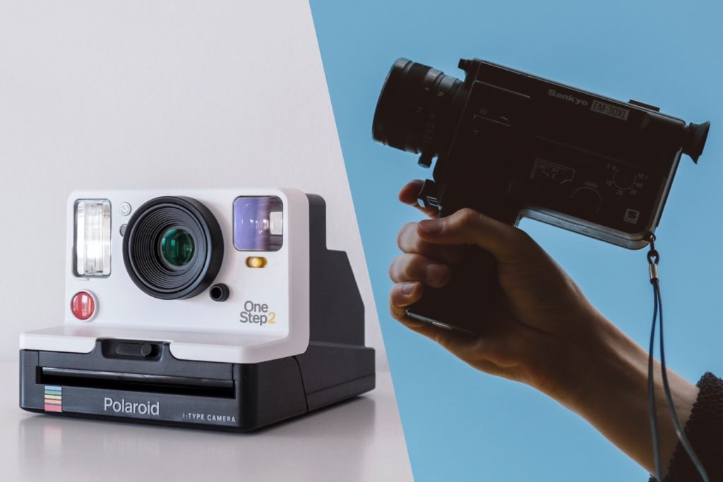 Image of a polaroid camera and a cine camera