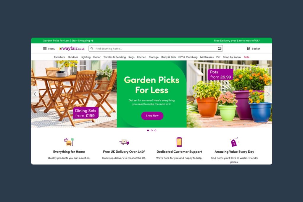 Wayfair website showing a SALE category in their navigation
