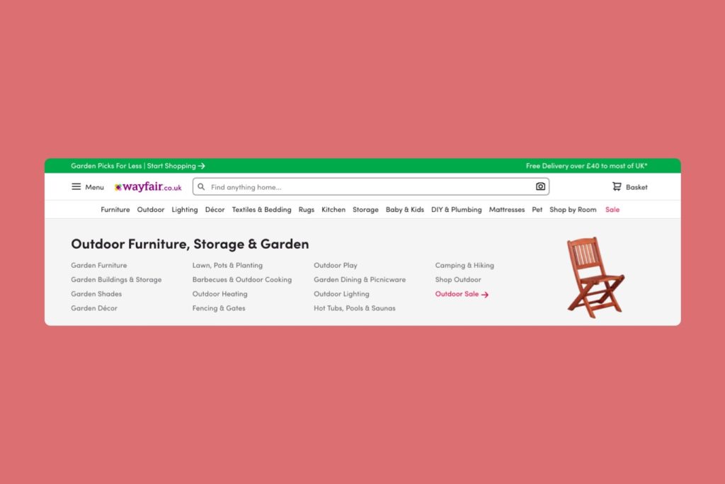 Wayfair website uses product sub categories and filters