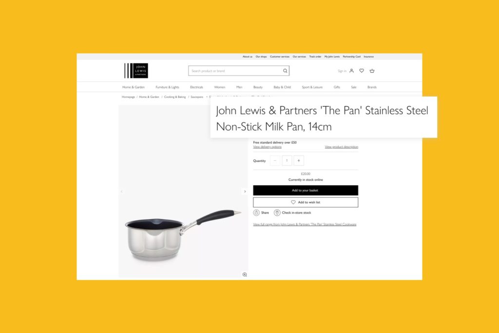 John Lewis website showing an example of product names
