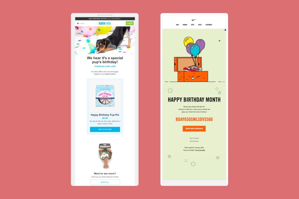 Bark Box and Nike example happy birthday emails