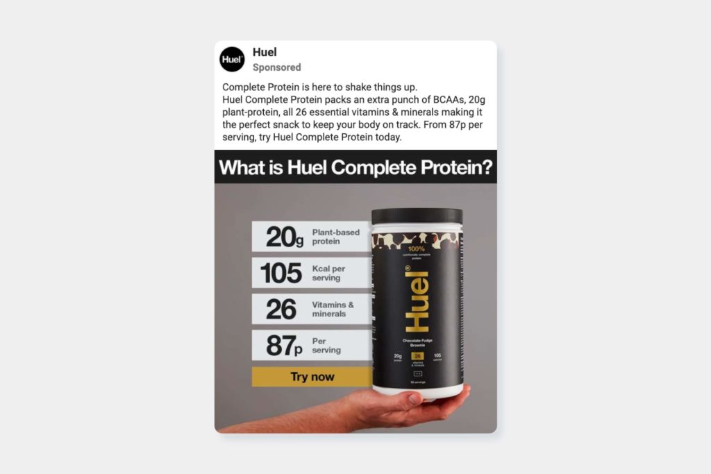 Huel Facebook Ad - One our best ecommerce ppc examples