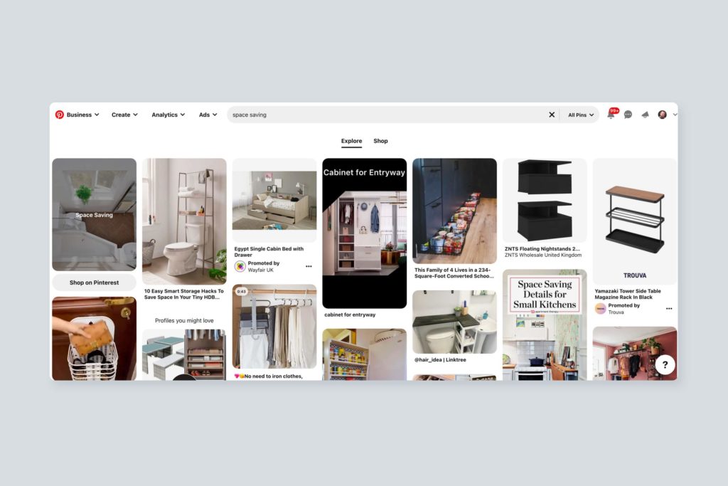 Screenshot of Pinterest website results for 'space saving'