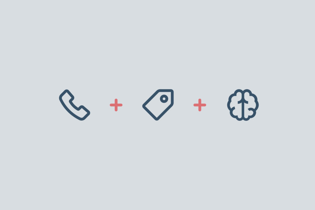 Illustration of telephone, shopping tag, and brain icons