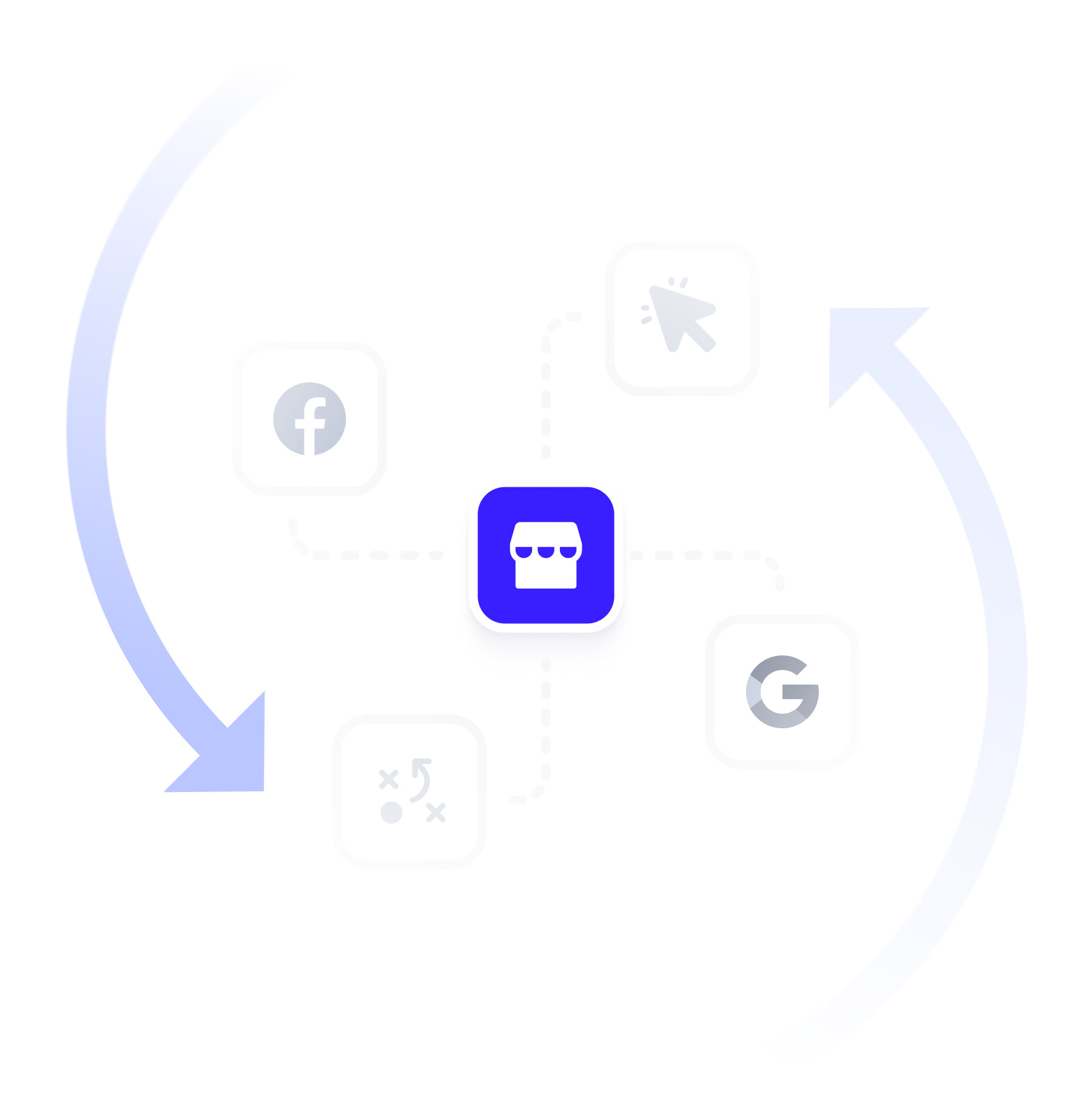 ecommerce ppc infographic with two spinning arrows and a blue storefront in the middle
