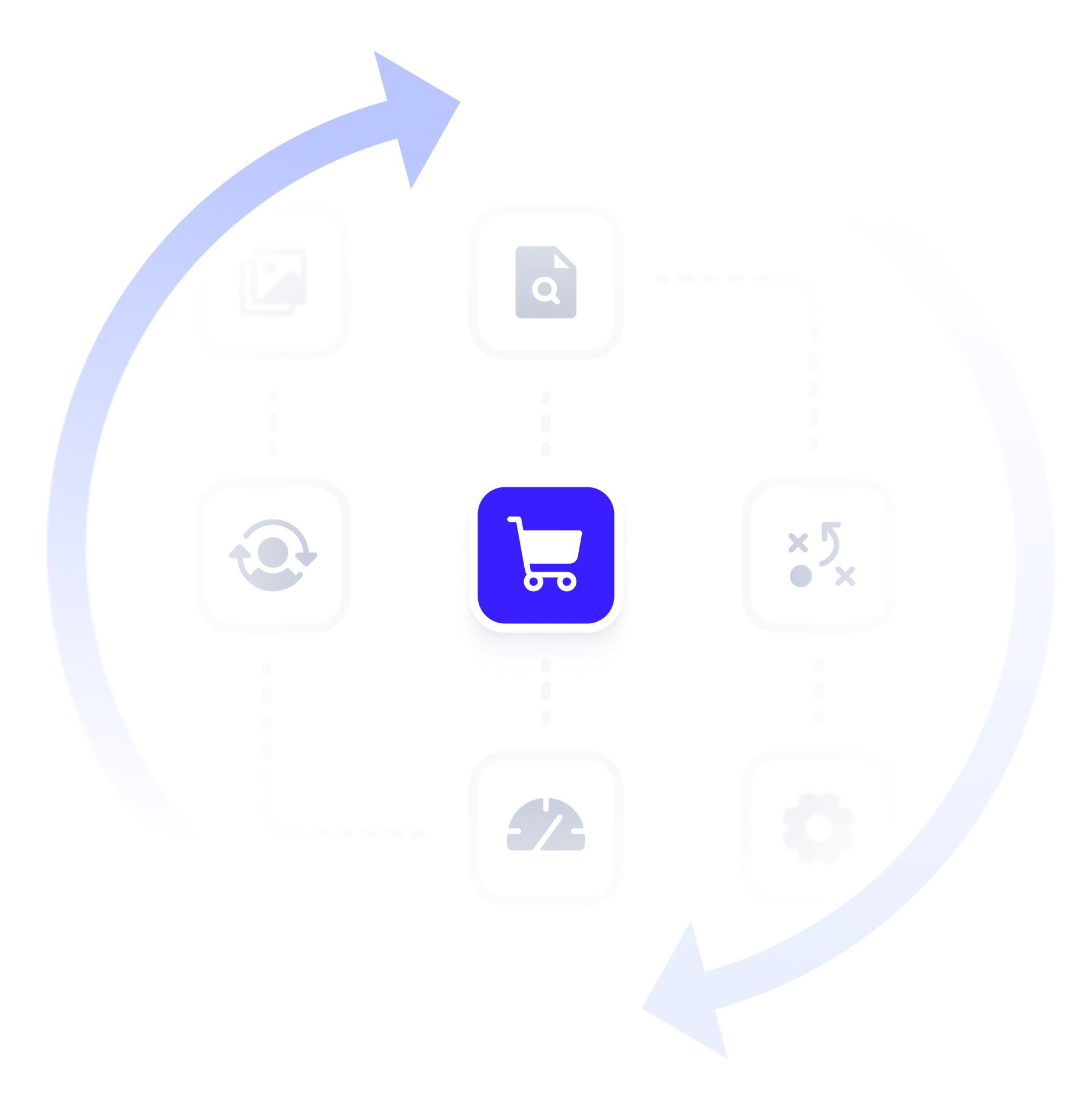 ecommerce seo infographic with two spinning arrows and a blue basket in the middle