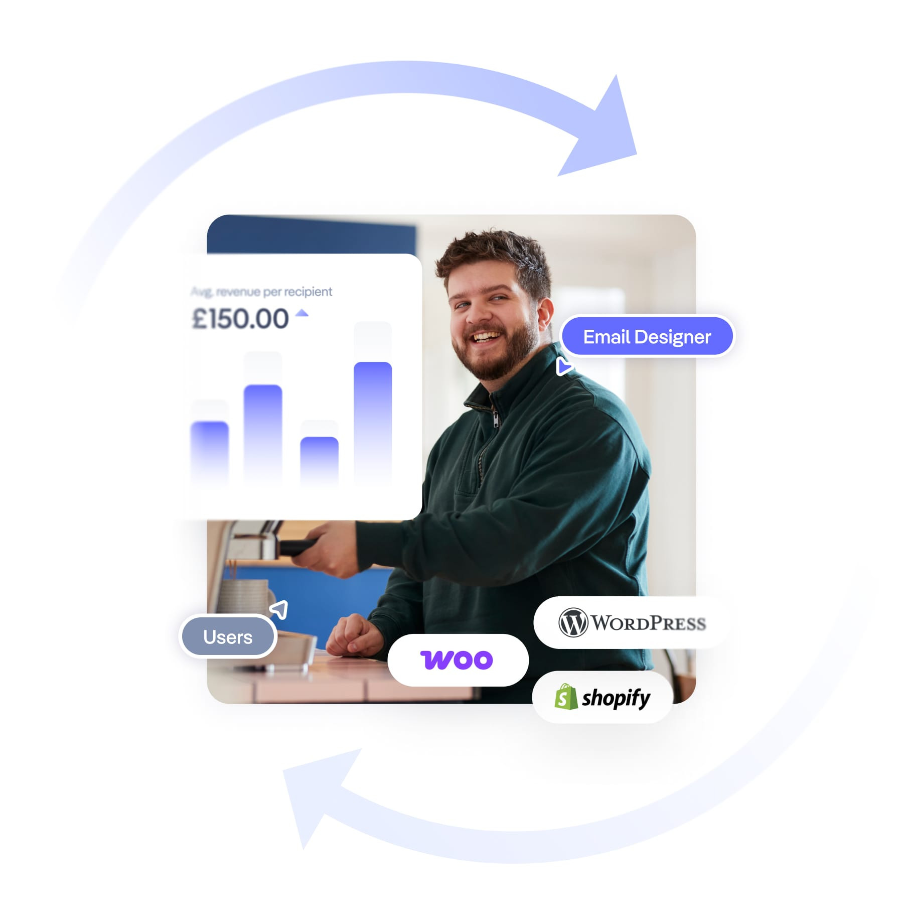 email designer smiling whilst making a coffee