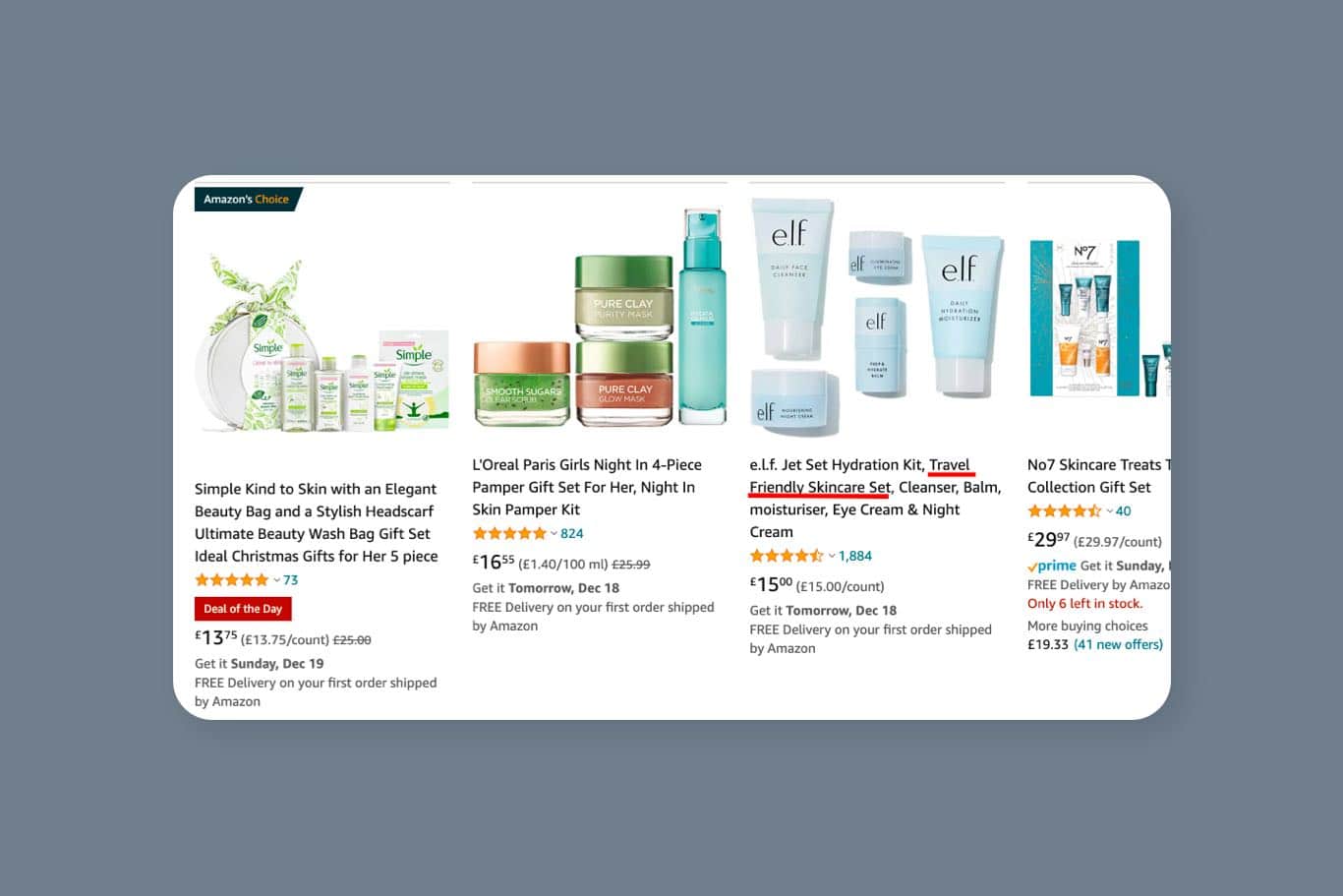 Screenshot of product listings on Amazon when searching 'skincare'