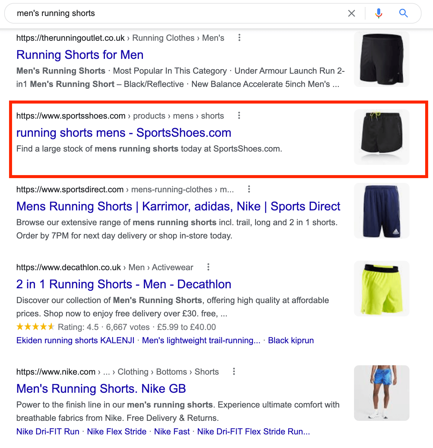 Google SERPs for “men’s running shorts”