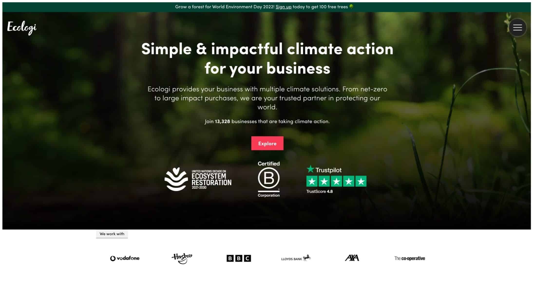 Screenshot of the Ecologi homepage